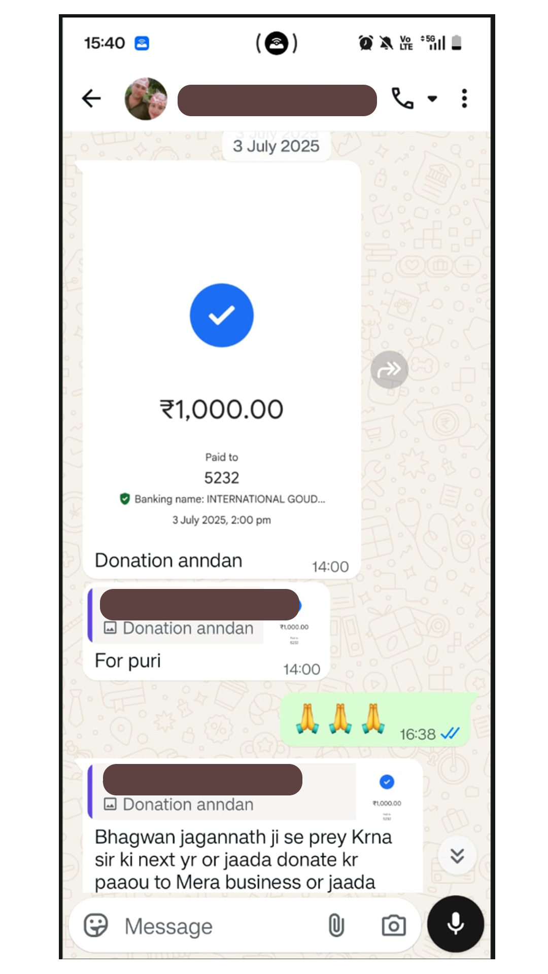 "Offering this donation with prayers for the health and happiness of my family."